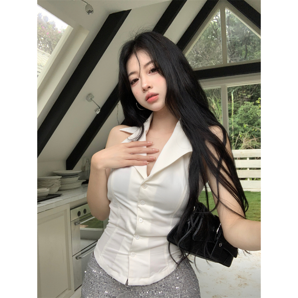 【COLORBLLIND】Áo Sơ Mi Cổ Búp Bê Màu Trắng + Áo Hai Dây Không Tay Thời Trang Mùa Hè Dành Cho Nữ