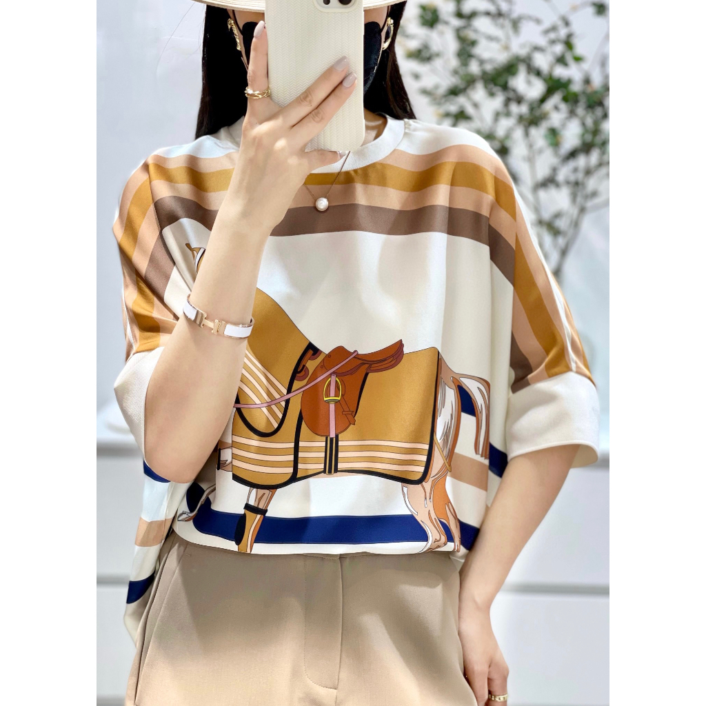 Yimu Áo Sơ Mi Lụa Mỏng Nhẹ In Họa Tiết Cánh Dơi Phong Cách Mới Thanh Lịch Mùa Hè Cho Nữ