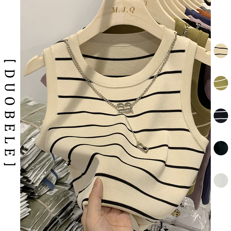 Áo Crop top Không tay dệt kim sọc thời trang mùa hè Áo Thun Nữ （chứa vòng cổ）