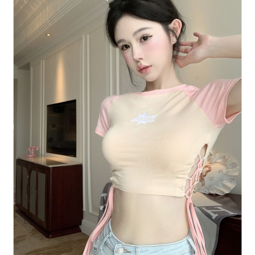 Áo Croptop Tay Ngắn Cổ Tròn Dáng Ôm Thời Trang Quyến Rũ Cao Cấp Cho Nữ