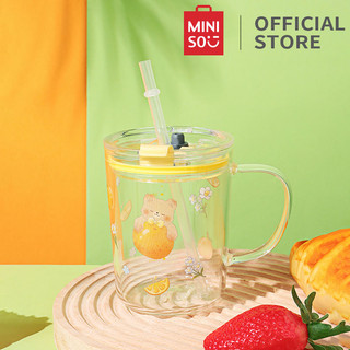 Miniso cốc thủy tinh miniso có nắp và ống hút đo lường 450ml in họa tiết hoạ