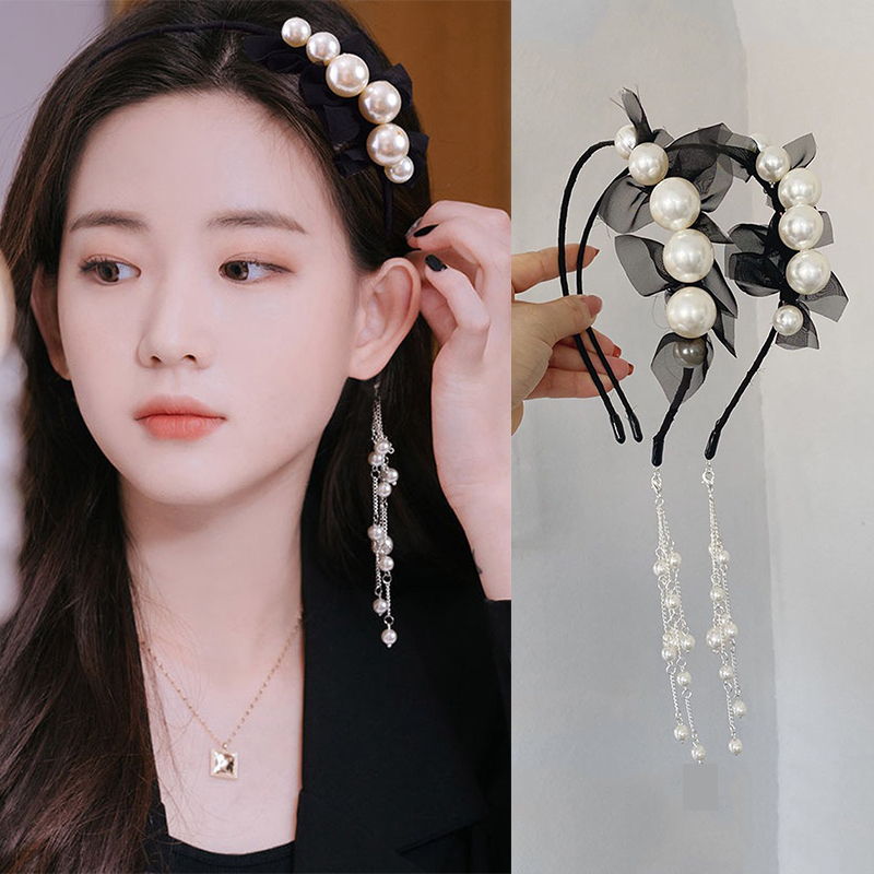 Băng Đô Ren Đính Ngọc Trai Và Nơ Có Thể Tháo Rời Thời Trang Hàn Quốc Cho Nữ