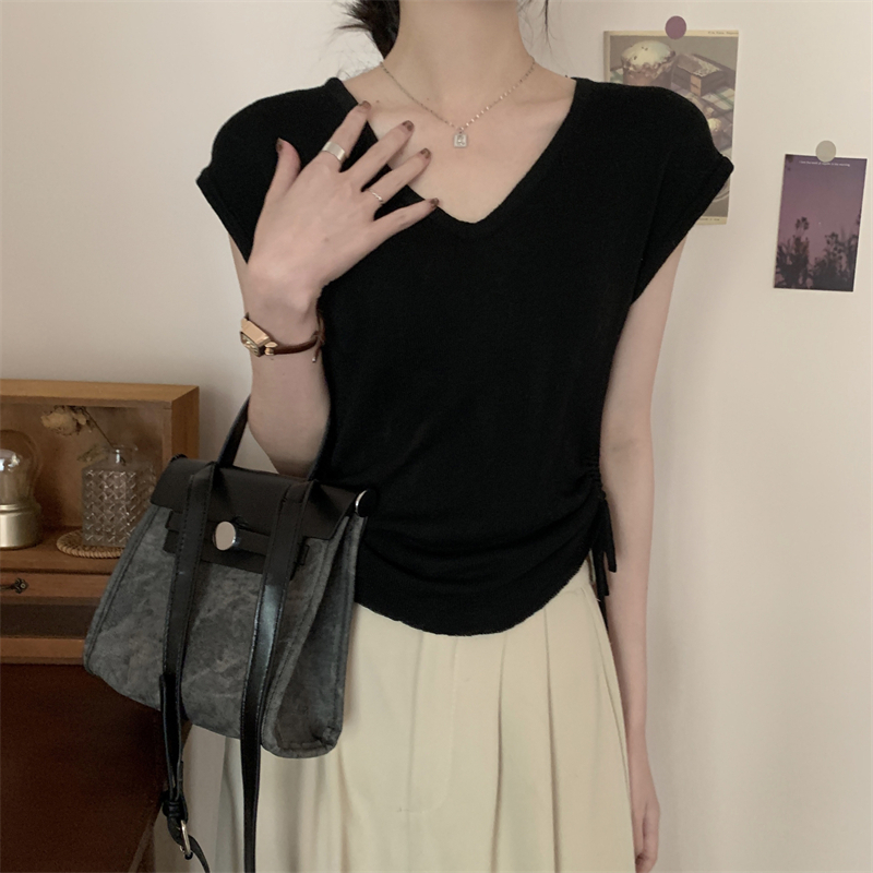 Lalisas Áo Thun Dệt Kim Ngắn Tay Cổ Chữ V Xếp Ly Cột Dây Phong Cách Hàn Quốc Cho Nữ