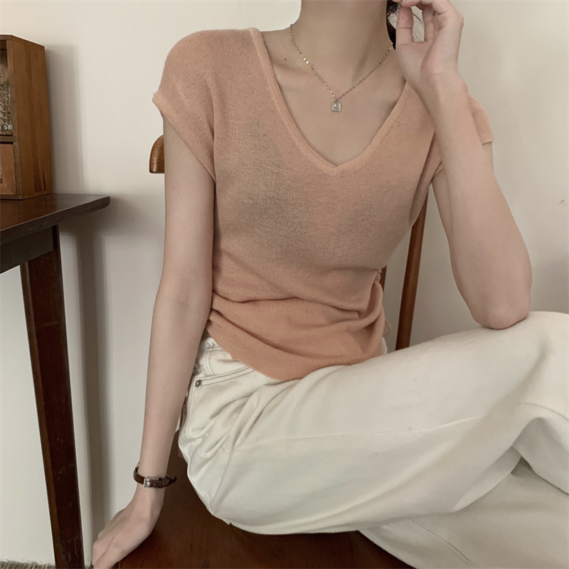 Lalisas Áo Thun Dệt Kim Ngắn Tay Cổ Chữ V Xếp Ly Cột Dây Phong Cách Hàn Quốc Cho Nữ