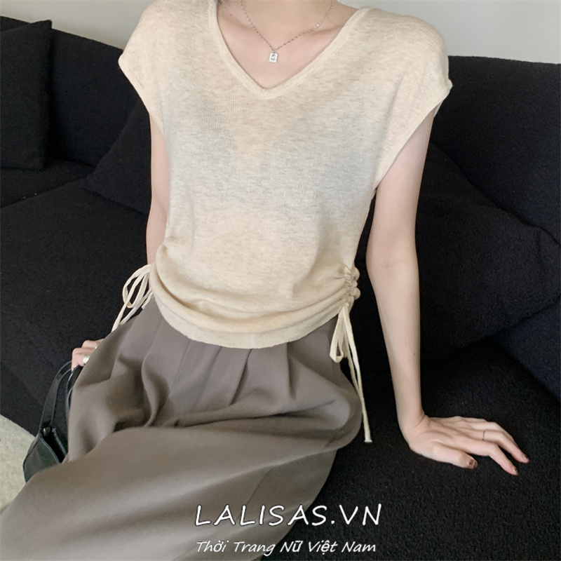 Lalisas Áo Thun Dệt Kim Ngắn Tay Cổ Chữ V Xếp Ly Cột Dây Phong Cách Hàn Quốc Cho Nữ