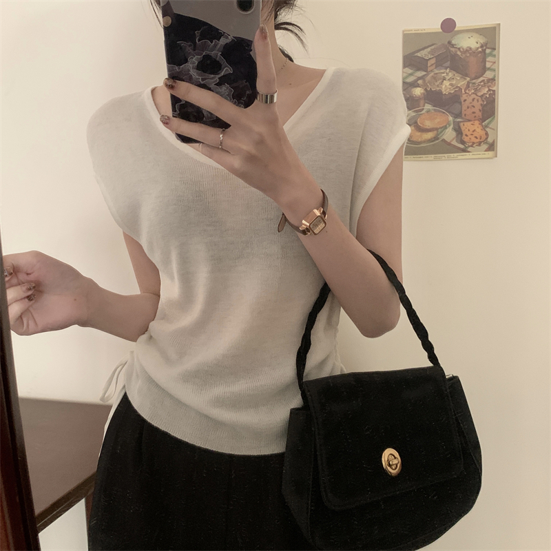 Lalisas Áo Thun Dệt Kim Ngắn Tay Cổ Chữ V Xếp Ly Cột Dây Phong Cách Hàn Quốc Cho Nữ