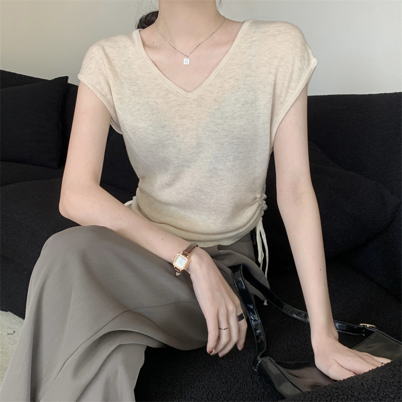 Lalisas Áo Thun Dệt Kim Ngắn Tay Cổ Chữ V Xếp Ly Cột Dây Phong Cách Hàn Quốc Cho Nữ