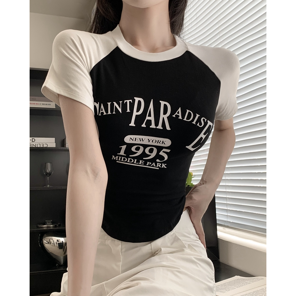 QADCOL Áo Thun Croptop Tay Ngắn Màu Sắc Tương Phản in Chữ Thời Trang Mùa Hè Dành Cho Nữ