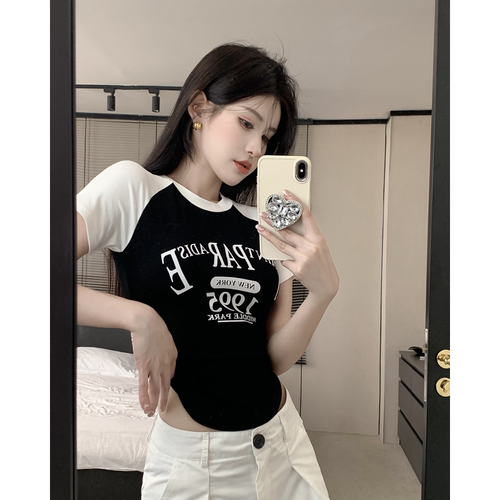 QADCOL Áo Thun Croptop Tay Ngắn Màu Sắc Tương Phản in Chữ Thời Trang Mùa Hè Dành Cho Nữ