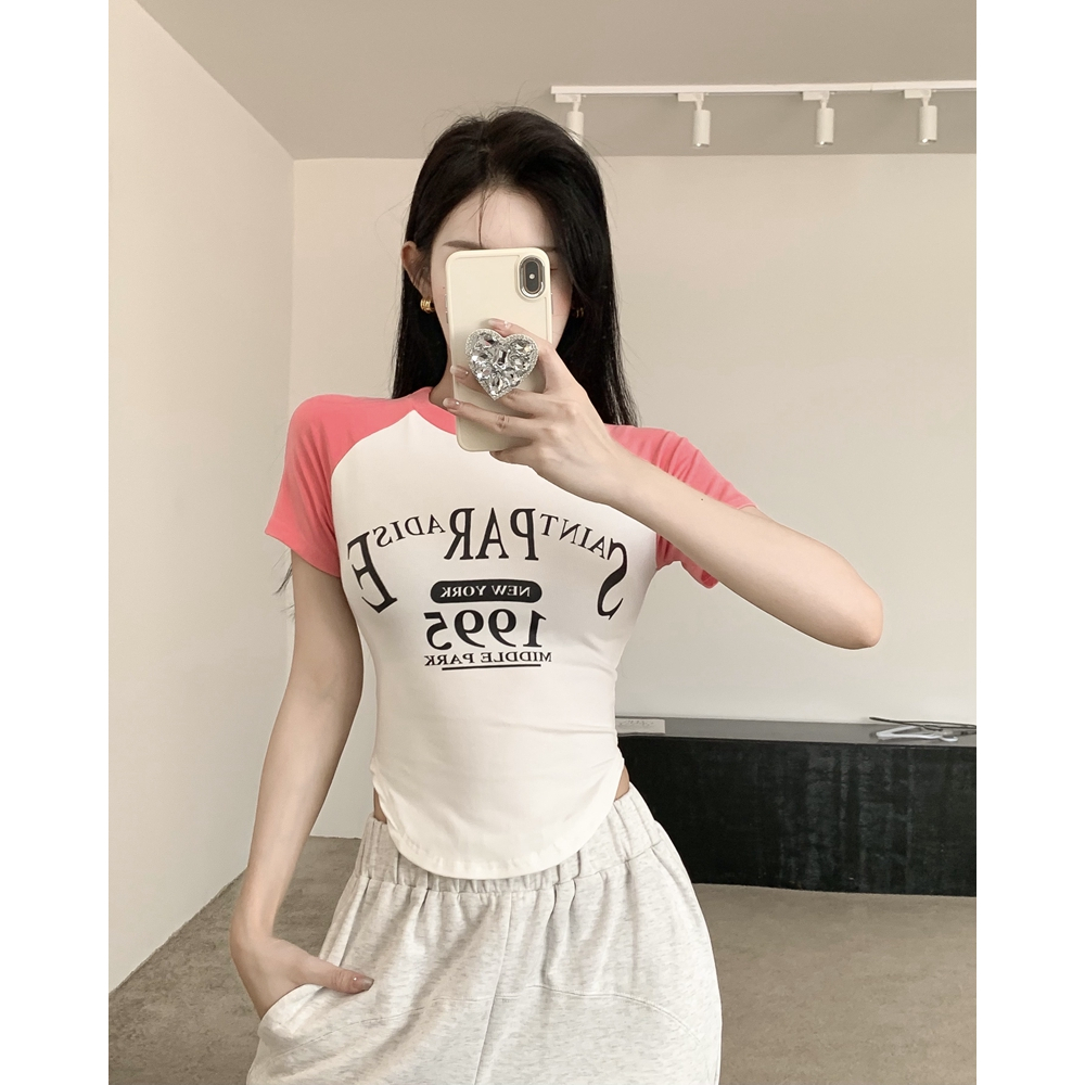 QADCOL Áo Thun Croptop Tay Ngắn Màu Sắc Tương Phản in Chữ Thời Trang Mùa Hè Dành Cho Nữ