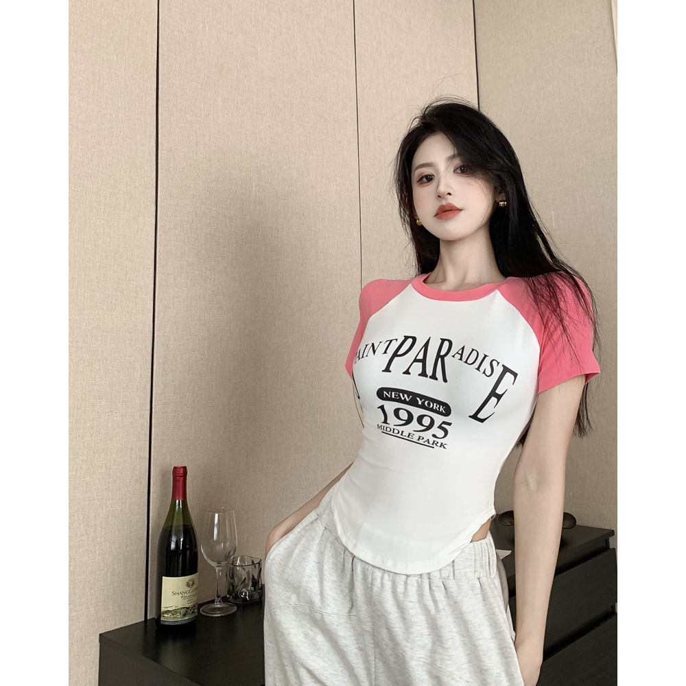 QADCOL Áo Thun Croptop Tay Ngắn Màu Sắc Tương Phản in Chữ Thời Trang Mùa Hè Dành Cho Nữ