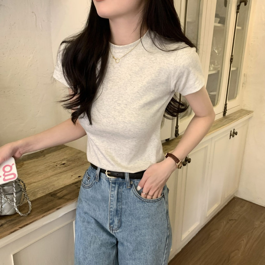 ZHELIHANGFEI Áo Thun Tay Ngắn Cổ Tròn Dáng Ôm Phong Cách Hàn Quốc Thời Trang Mùa Hè Mới Cho Nữ