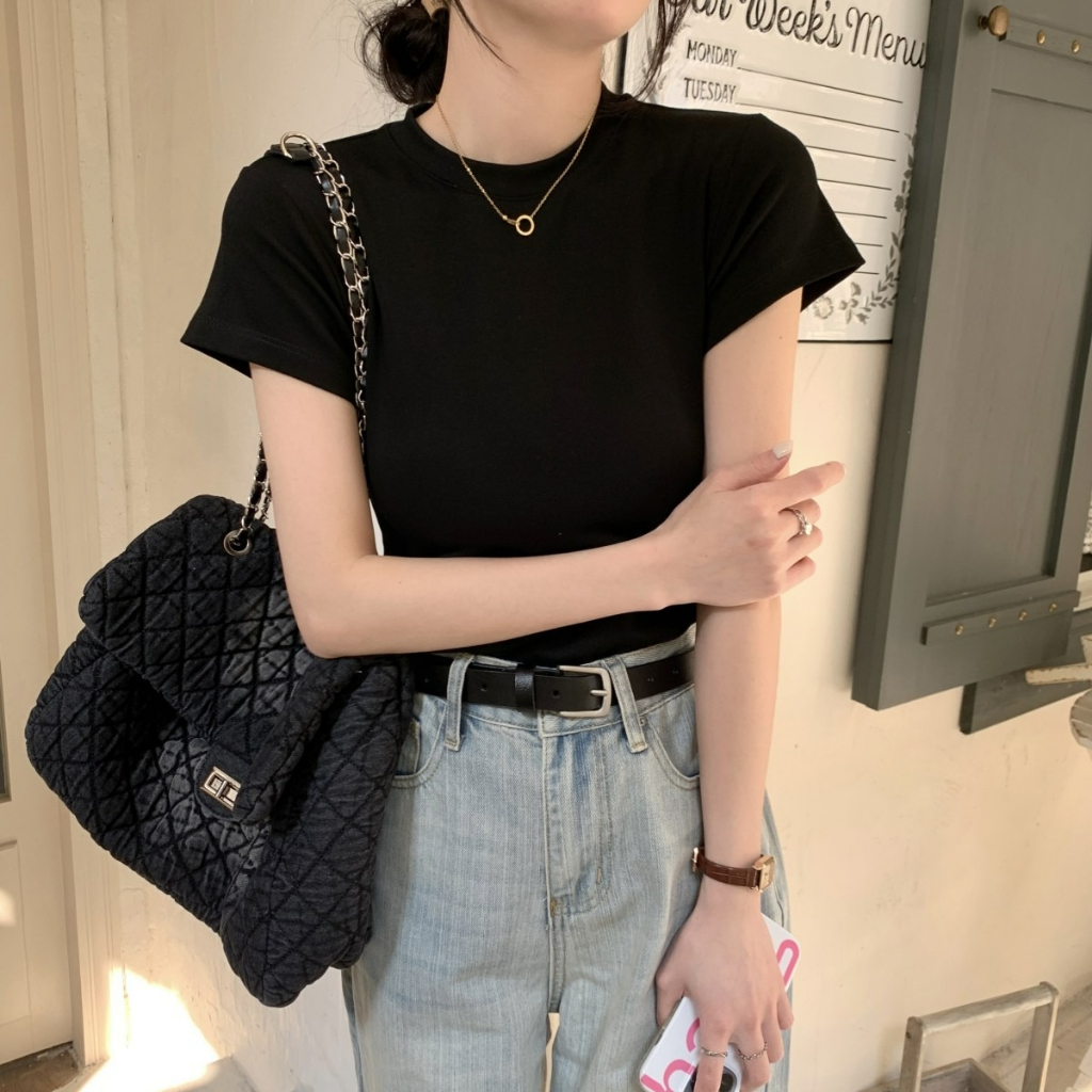 ZHELIHANGFEI Áo Thun Tay Ngắn Cổ Tròn Dáng Ôm Phong Cách Hàn Quốc Thời Trang Mùa Hè Mới Cho Nữ