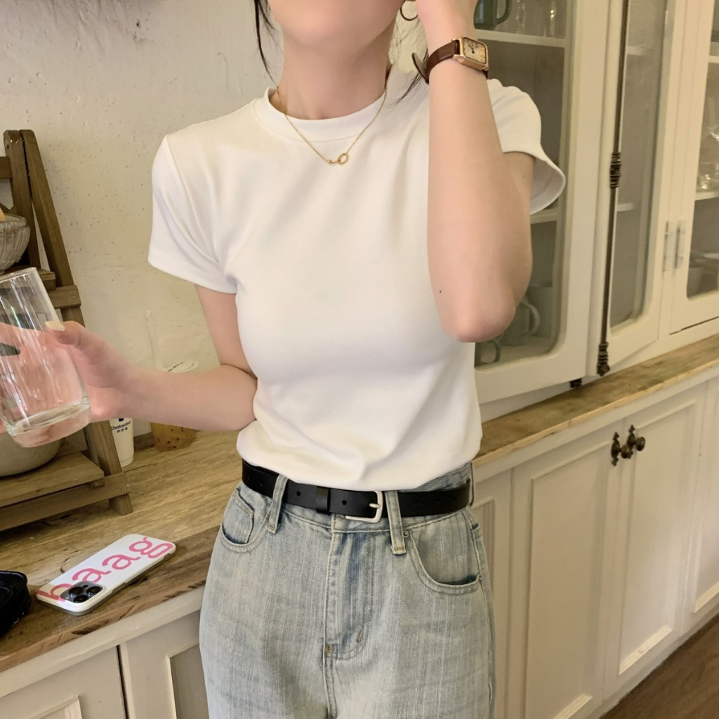 ZHELIHANGFEI Áo Thun Tay Ngắn Cổ Tròn Dáng Ôm Phong Cách Hàn Quốc Thời Trang Mùa Hè Mới Cho Nữ