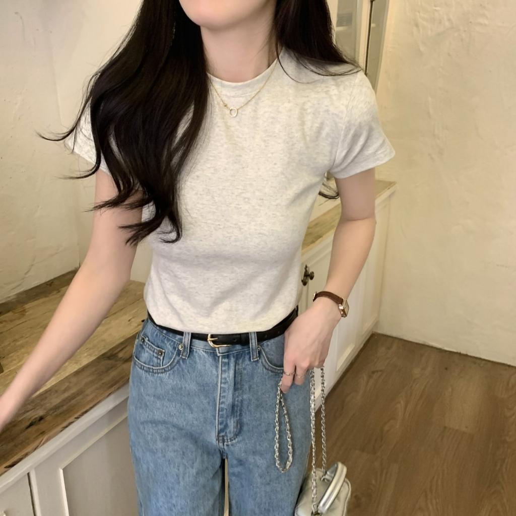 ZHELIHANGFEI Áo Thun Tay Ngắn Cổ Tròn Dáng Ôm Phong Cách Hàn Quốc Thời Trang Mùa Hè Mới Cho Nữ