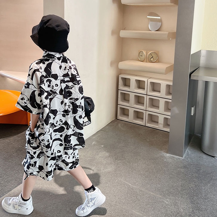Bộ Áo Sơ Mi Ngắn Tay In Hình Gấu Trúc + Quần Short Thời Trang Mùa Hè Mới Cho Bé Trai