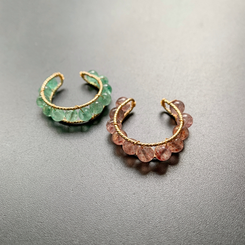 Nhẫn Dạng Hở Mạ Vàng 14k Đính Hạt Đá Thạch Anh Hình Trái Dâu Màu Đỏ / Xanh Lá