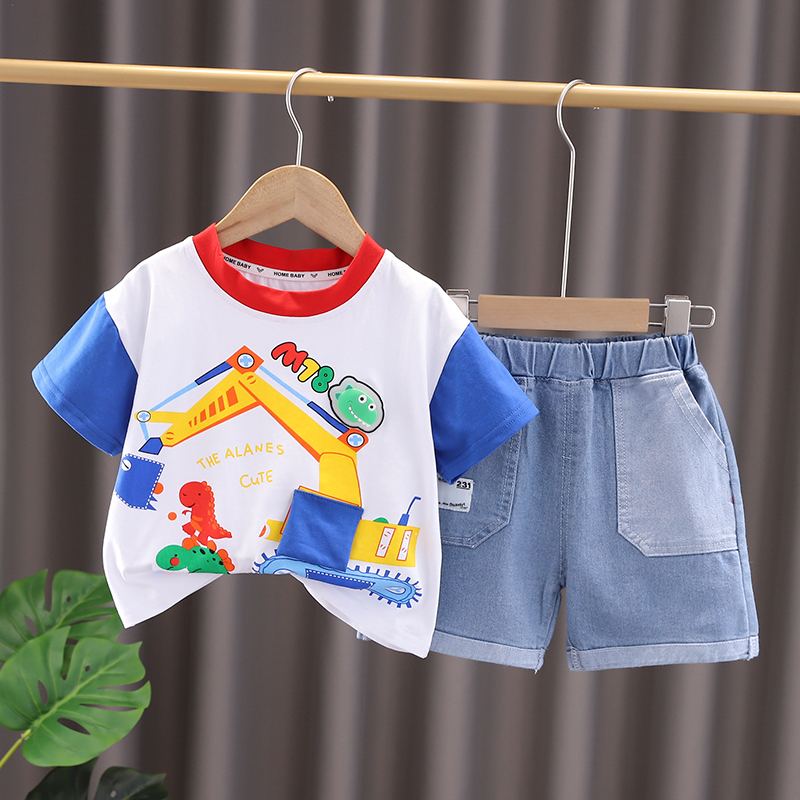 Set Đồ Mùa Hè 2 Món Gồm Áo Thun Cotton In Hình Xe Hơi Thể Thao + Quần Ngắn denim Cho Bé Sơ Sinh 0-5 Tuổi