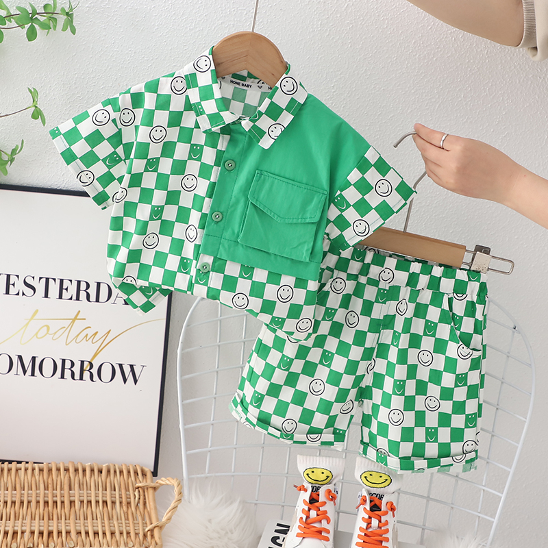 Set Đồ Mùa Hè 2 Món Gồm Áo Sơ Mi Kẻ Sọc Caro In Hình Mặt Cười + Quần Ngắn Cho Bé 0-5 Tuổi