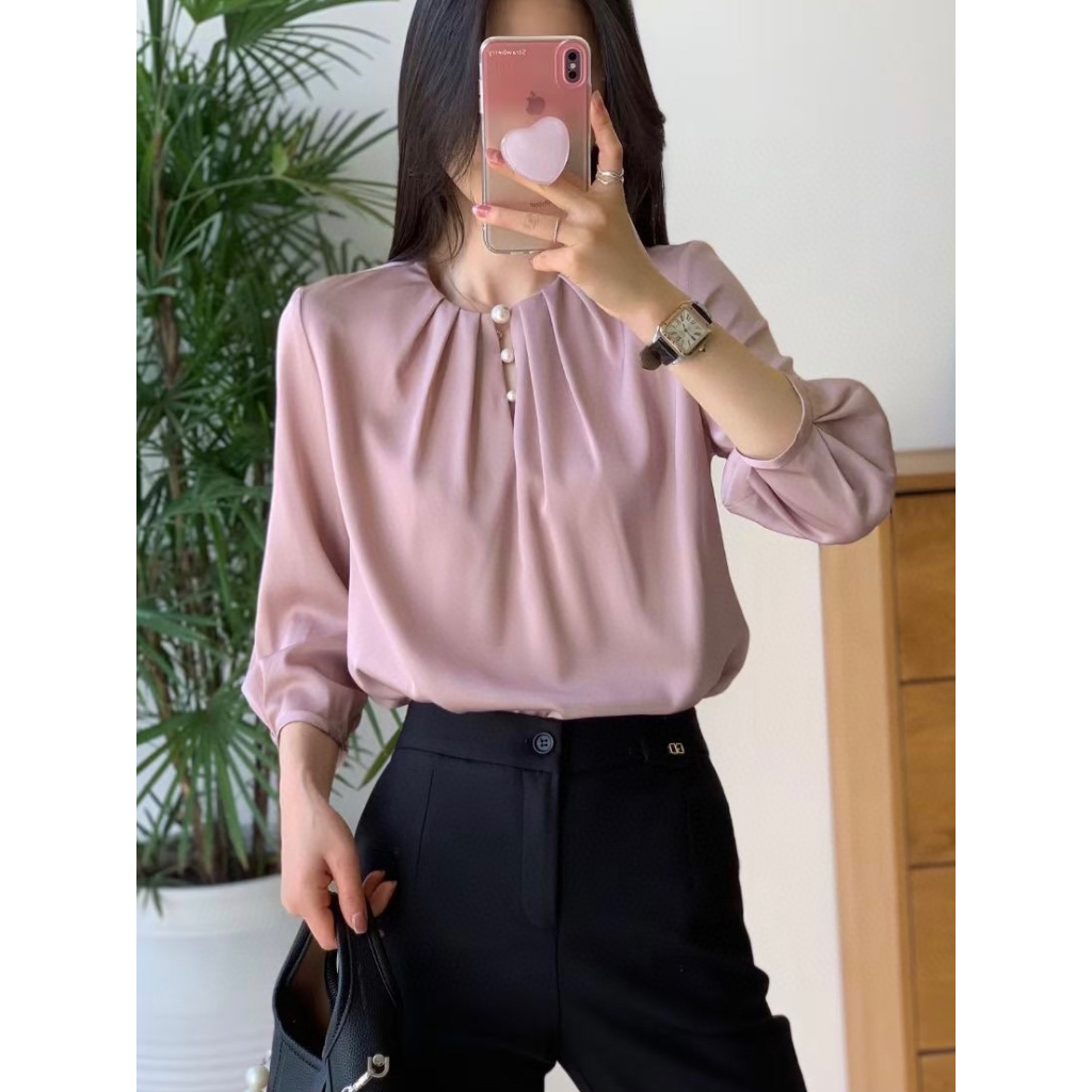 Yimu Áo Sơ Mi Lụa Mulberry Xếp Ly Màu Trơn Xếp Ly Đính Ngọc Trai Sang Trọng Hàng Bán Sỉ Châu Âu Cho Nữ
