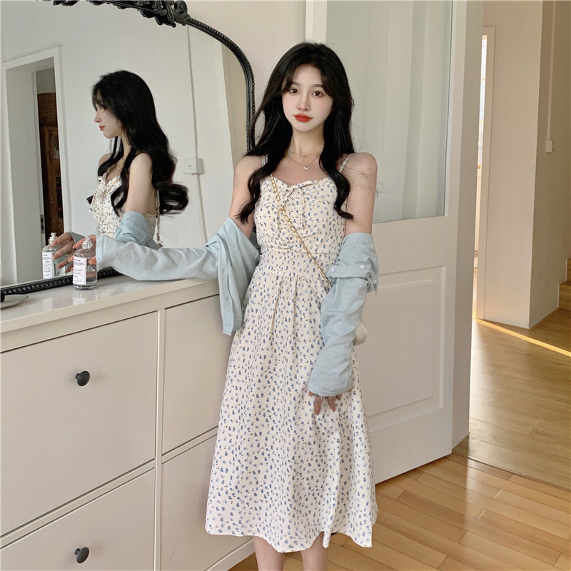 Xiaozhainv Đầm Dây Lửng Mỏng Vừa Vặn Họa Tiết Hoa Nhẹ Nhàng Phong Cách Hàn Quốc Thời Trang Cho Nữ