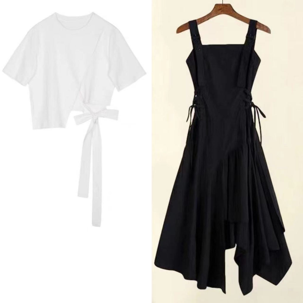 Set Áo Thun Cột Dây + Đầm Yếm Màu Đen Phong Cách Pháp Thời Trang Mùa Hè Cho Nữ