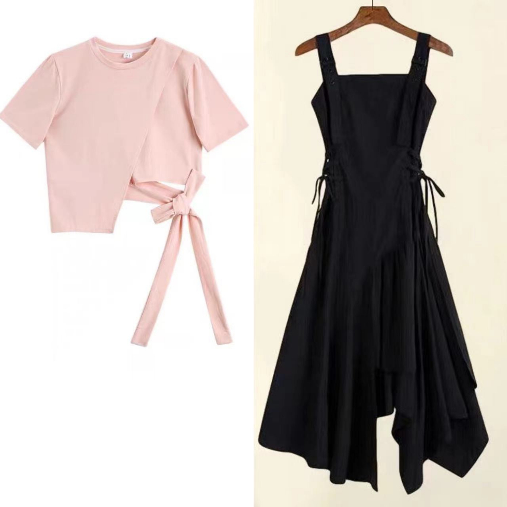 Set Áo Thun Cột Dây + Đầm Yếm Màu Đen Phong Cách Pháp Thời Trang Mùa Hè Cho Nữ