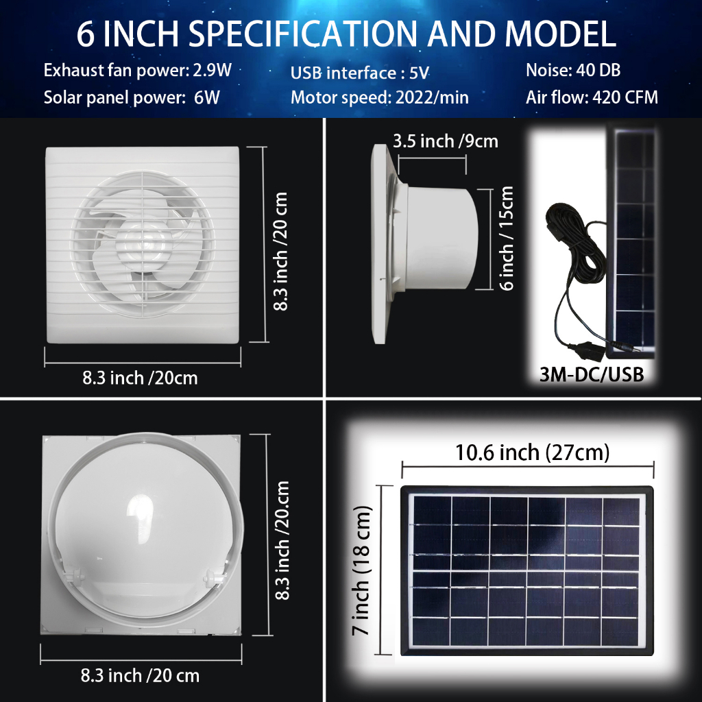 Quạt Xả 4 / 6 / 8-inch 5V Làm Mát Không Khí Tốc Độ Cao + Tấm Pin Năng Lượng Mặt Trời 6W Cho Nhà Kính