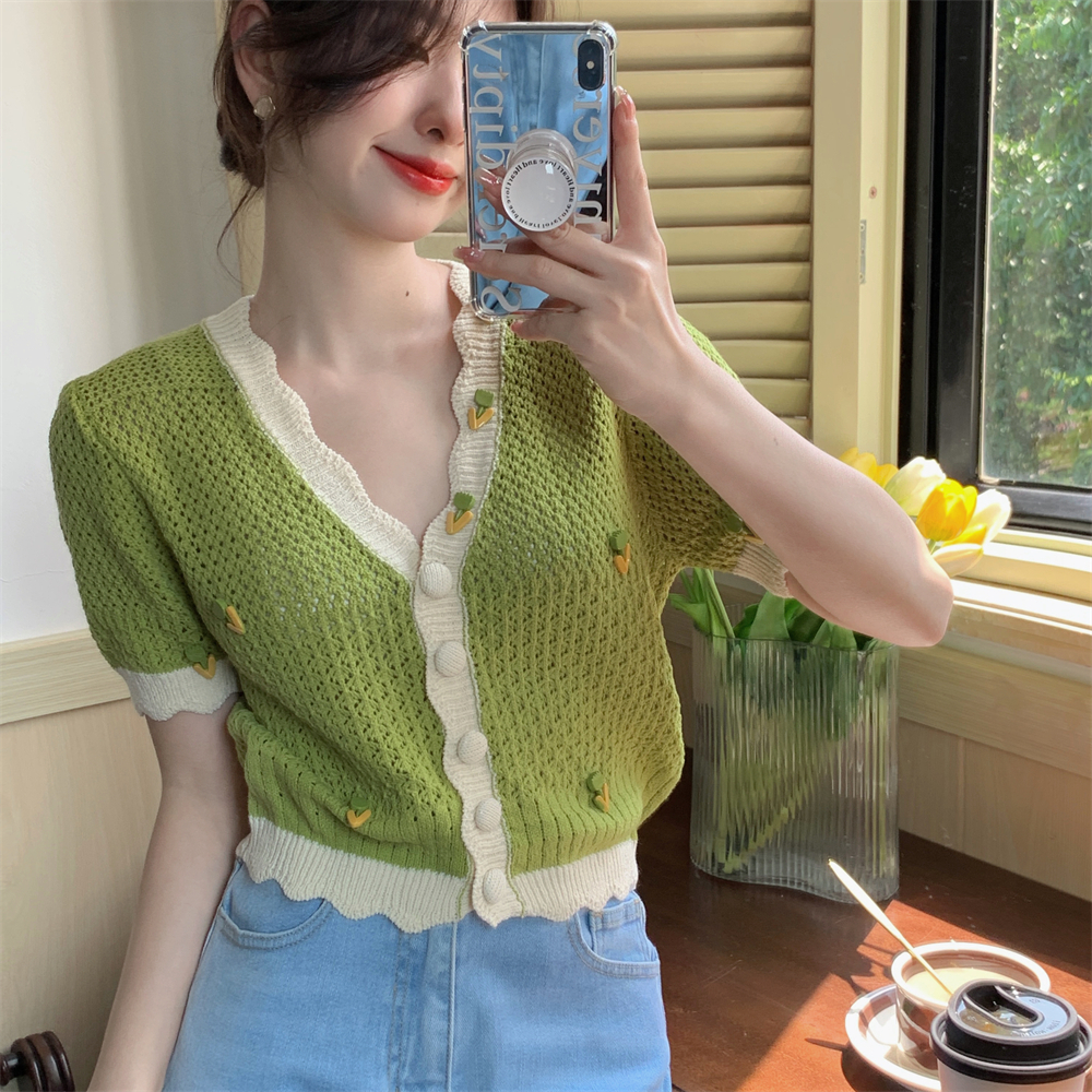 Áo Cardigan Dệt Kim Tay Ngắn Cổ Chữ V Họa Tiết Hoa 3d Thanh Lịch Thời Trang Mùa Hè Cho Nữ