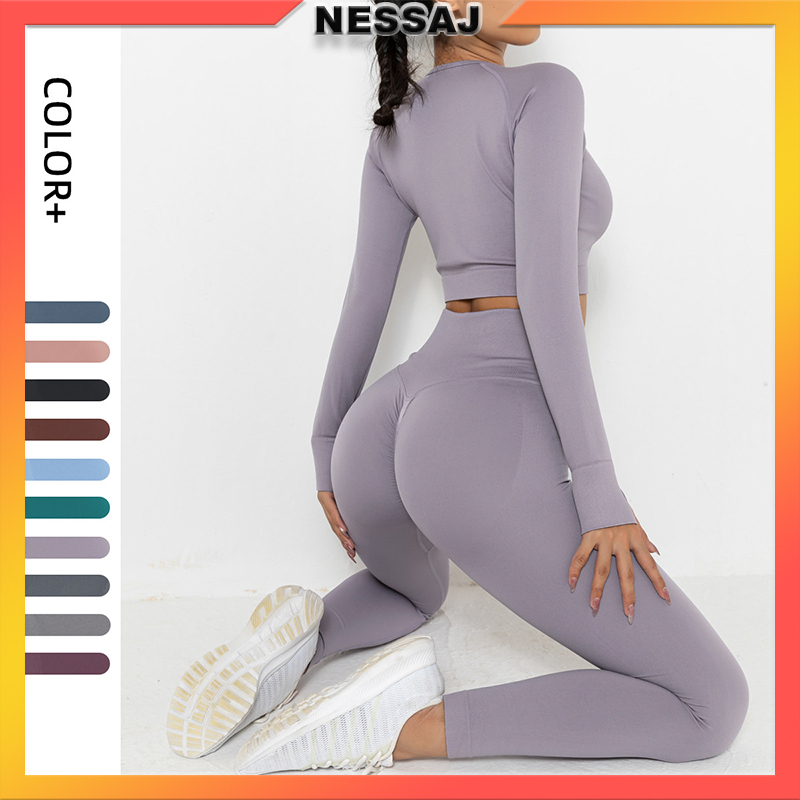 Bộ Trang Phục Thể Thao 2 Mảnh Áo Tay Dài + Quần Legging Dệt Kim Màu Trơn Thoáng Khí Thoải Mái Cho Nữ