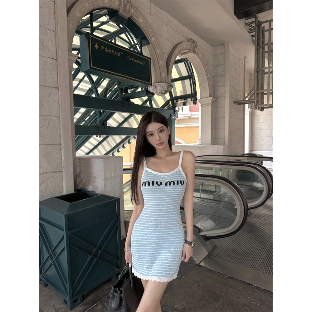 QADCOL Đầm Dệt Kim Mỏng Một Mảnh Hở Vai Họa Tiết Kẻ Sọc Thời Trang Mùa Hè Mới Cho Nữ