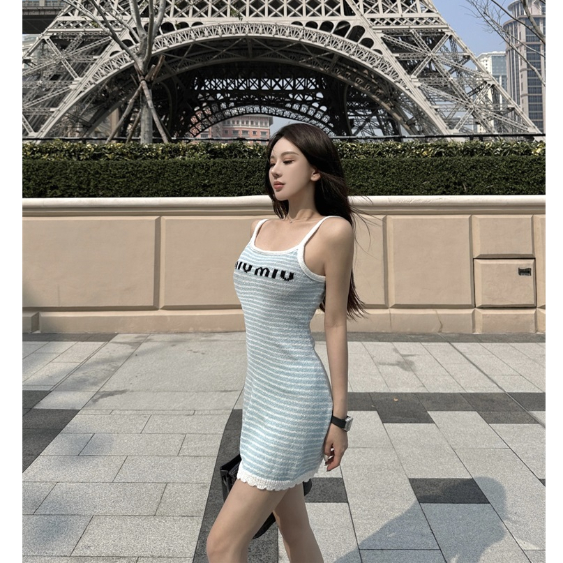 QADCOL Đầm Dệt Kim Mỏng Một Mảnh Hở Vai Họa Tiết Kẻ Sọc Thời Trang Mùa Hè Mới Cho Nữ