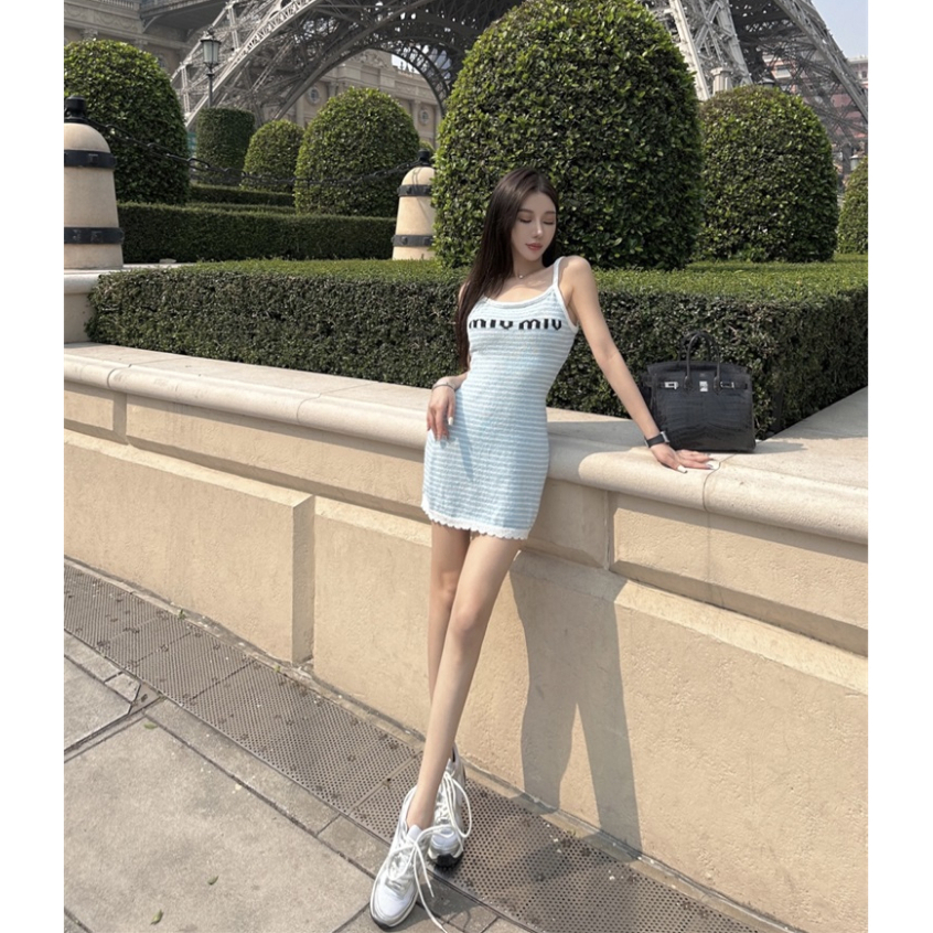 QADCOL Đầm Dệt Kim Mỏng Một Mảnh Hở Vai Họa Tiết Kẻ Sọc Thời Trang Mùa Hè Mới Cho Nữ