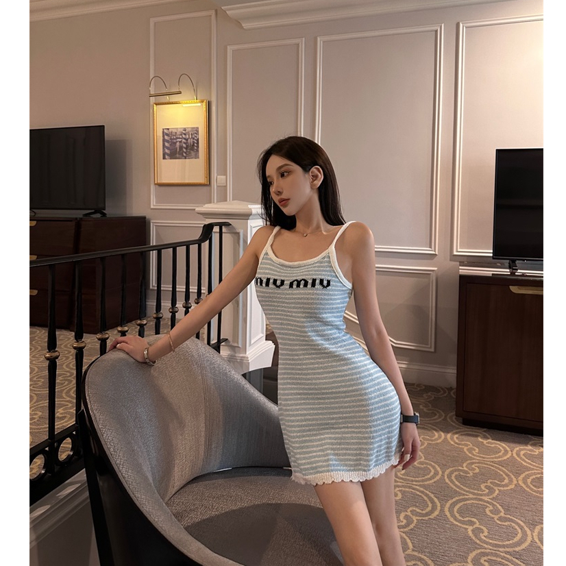 QADCOL Đầm Dệt Kim Mỏng Một Mảnh Hở Vai Họa Tiết Kẻ Sọc Thời Trang Mùa Hè Mới Cho Nữ