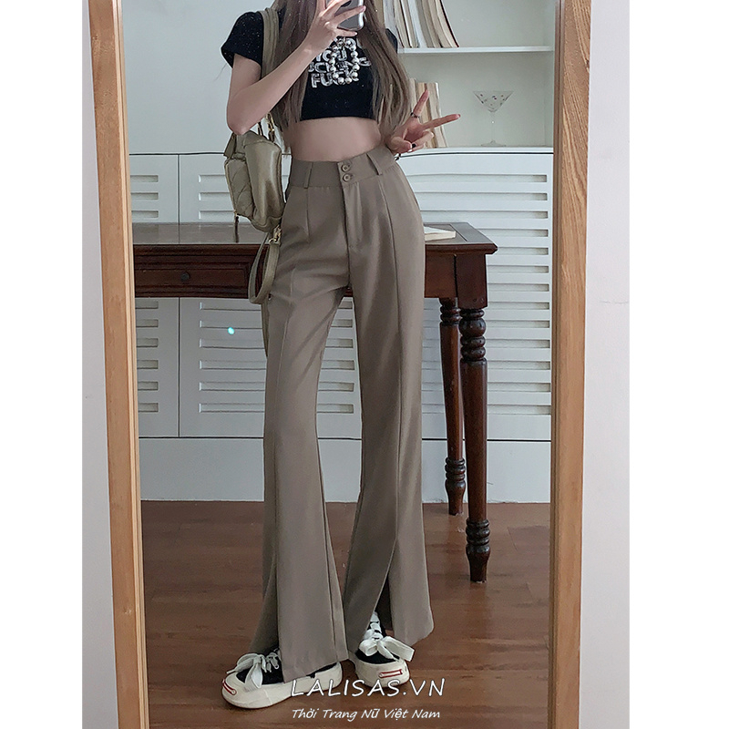 Lalisas Quần Dài Lưng Cao Dáng Rộng Xẻ Tà Hai Hàng Nút Khóa Thời Trang Thường Ngày Cho Nữ