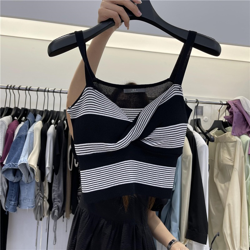 Áo Tank Top Không Tay Thiết Kế Xoắn Ngực Họa Tiết Kẻ Sọc Tương Phản Thời Trang Mùa Hè Hàng Mới Dành Cho Bạn Nữ