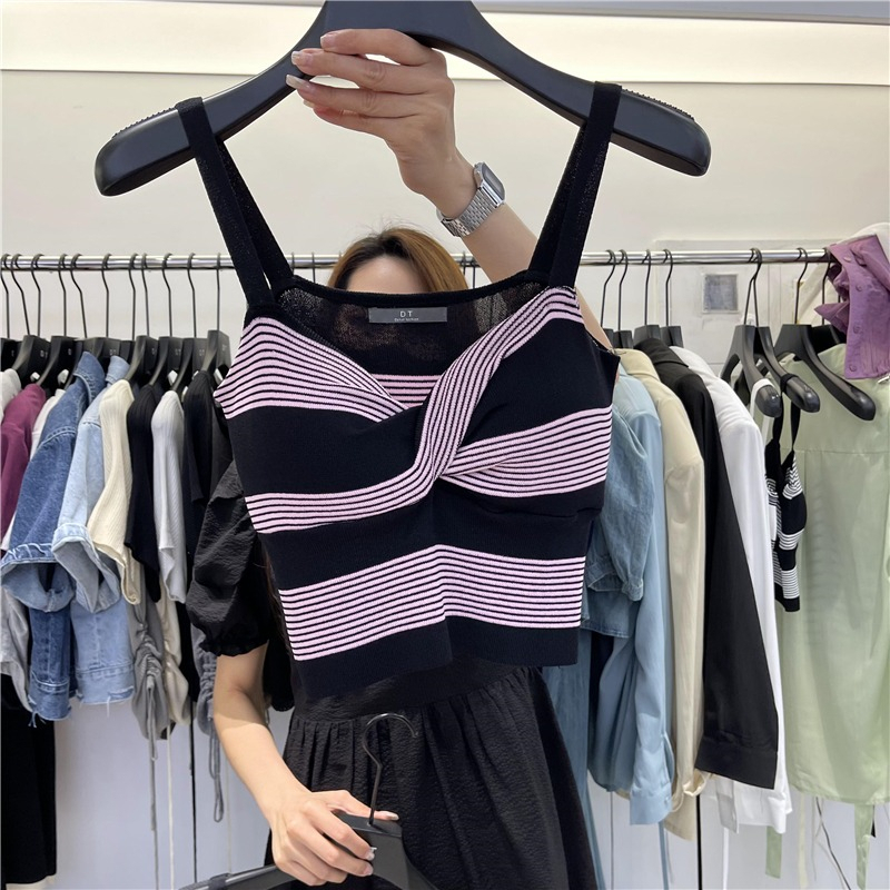 Áo Tank Top Không Tay Thiết Kế Xoắn Ngực Họa Tiết Kẻ Sọc Tương Phản Thời Trang Mùa Hè Hàng Mới Dành Cho Bạn Nữ