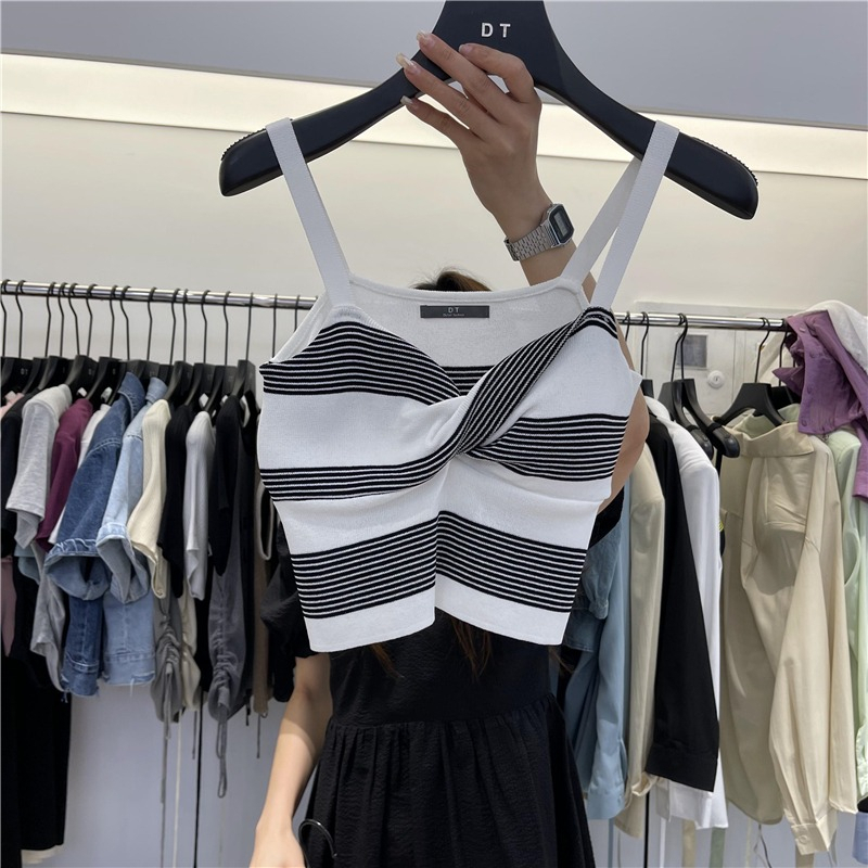 Áo Tank Top Không Tay Thiết Kế Xoắn Ngực Họa Tiết Kẻ Sọc Tương Phản Thời Trang Mùa Hè Hàng Mới Dành Cho Bạn Nữ