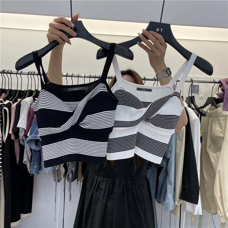 Áo Tank Top Không Tay Thiết Kế Xoắn Ngực Họa Tiết Kẻ Sọc Tương Phản Thời Trang Mùa Hè Hàng Mới Dành Cho Bạn Nữ
