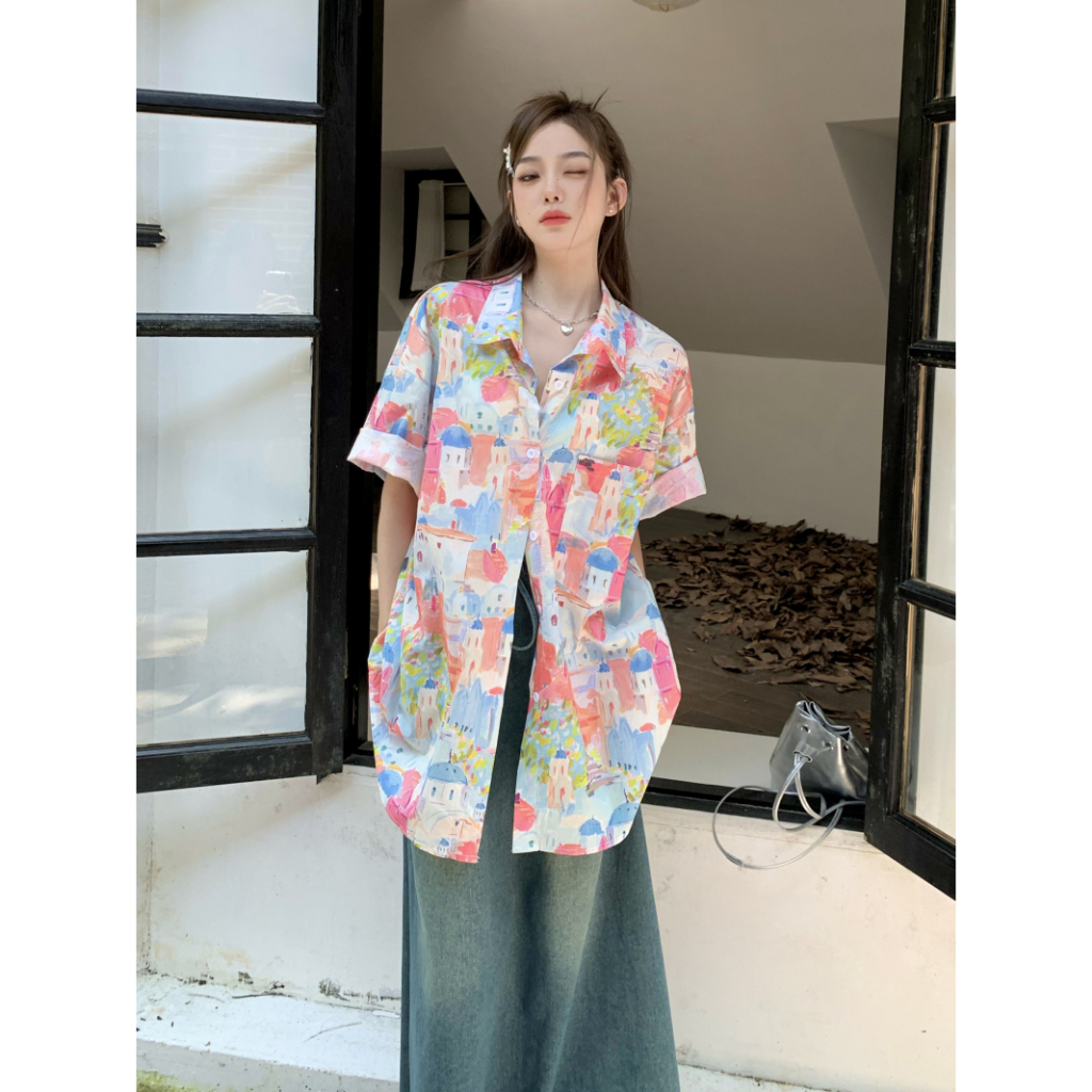 Lalisas Áo Sơ Mi Tay Ngắn oversize In Họa Tiết Graffiti Cổ Điển Dành Cho Nữ