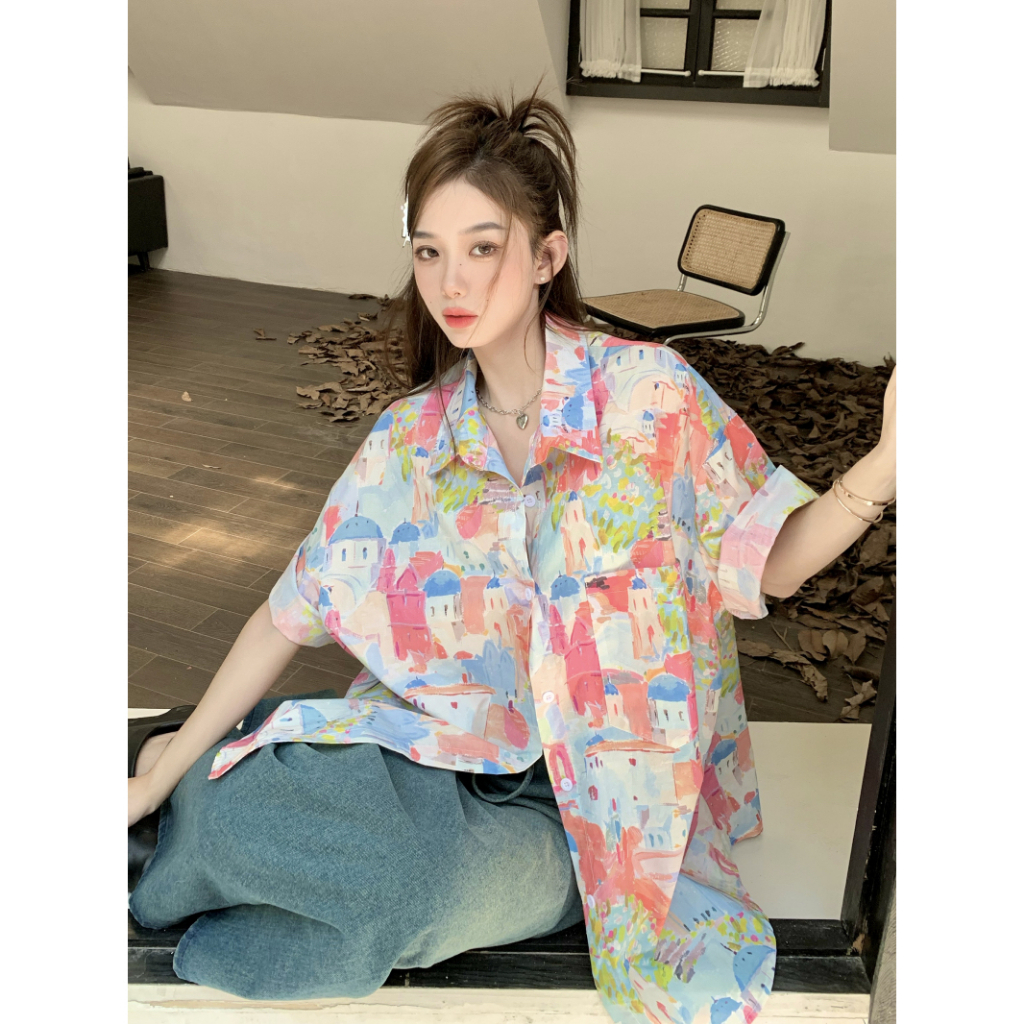 Lalisas Áo Sơ Mi Tay Ngắn oversize In Họa Tiết Graffiti Cổ Điển Dành Cho Nữ