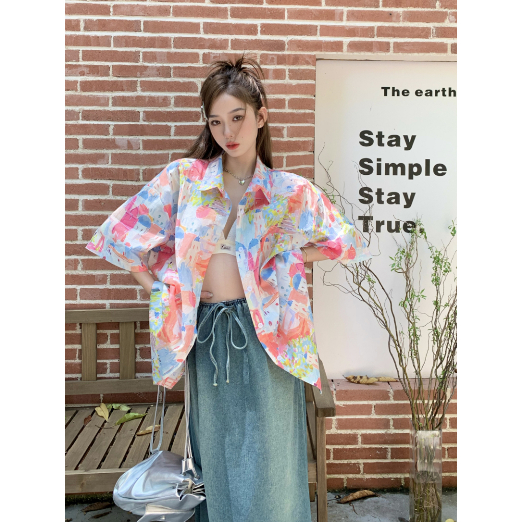 Lalisas Áo Sơ Mi Tay Ngắn oversize In Họa Tiết Graffiti Cổ Điển Dành Cho Nữ