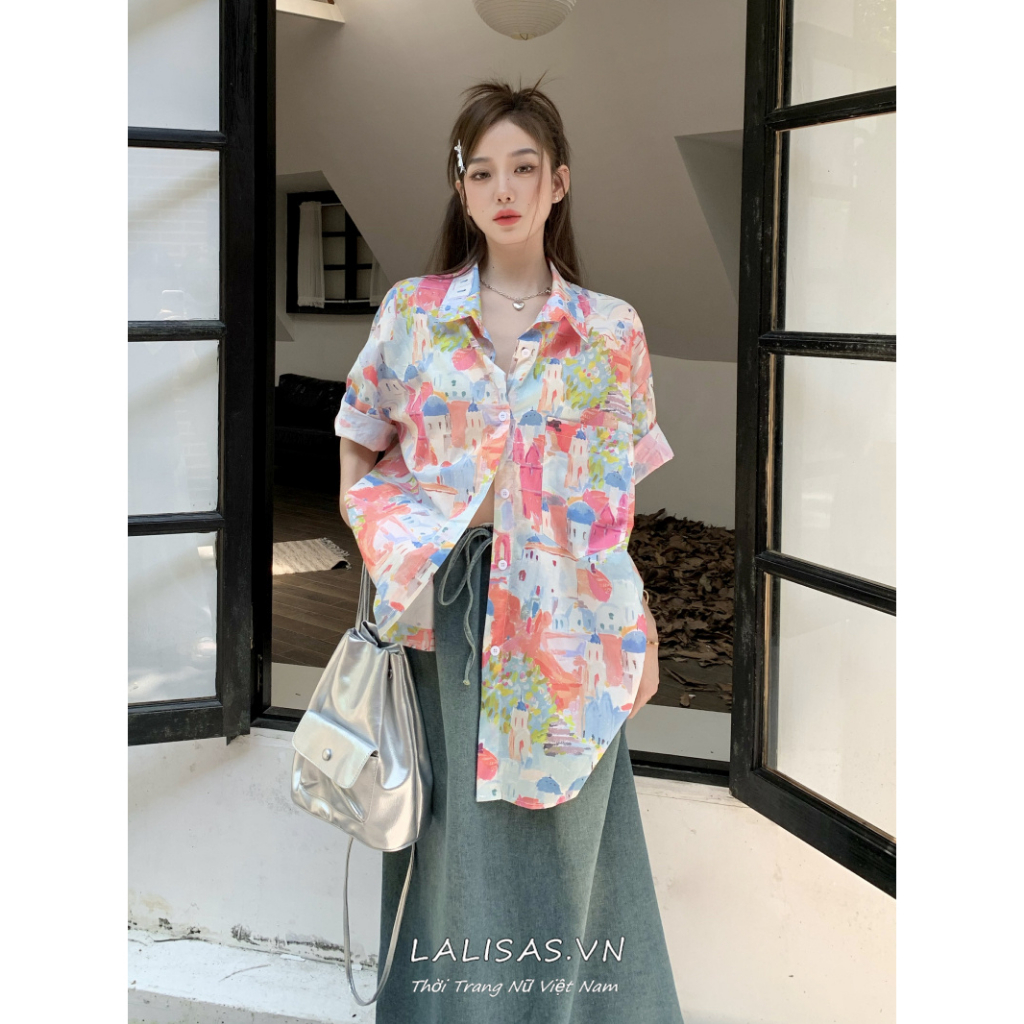 Lalisas Áo Sơ Mi Tay Ngắn oversize In Họa Tiết Graffiti Cổ Điển Dành Cho Nữ
