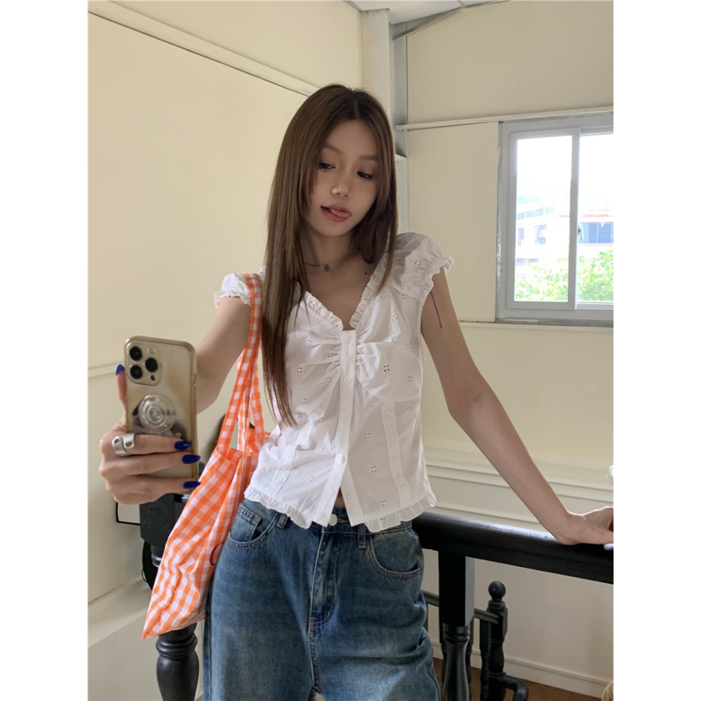 Lalisas Áo Sơ Mi Trắng Ngắn Mỏng Viền Ren Thiết Kế Hình Gia Vị Ngọt Ngào Cho Nữ