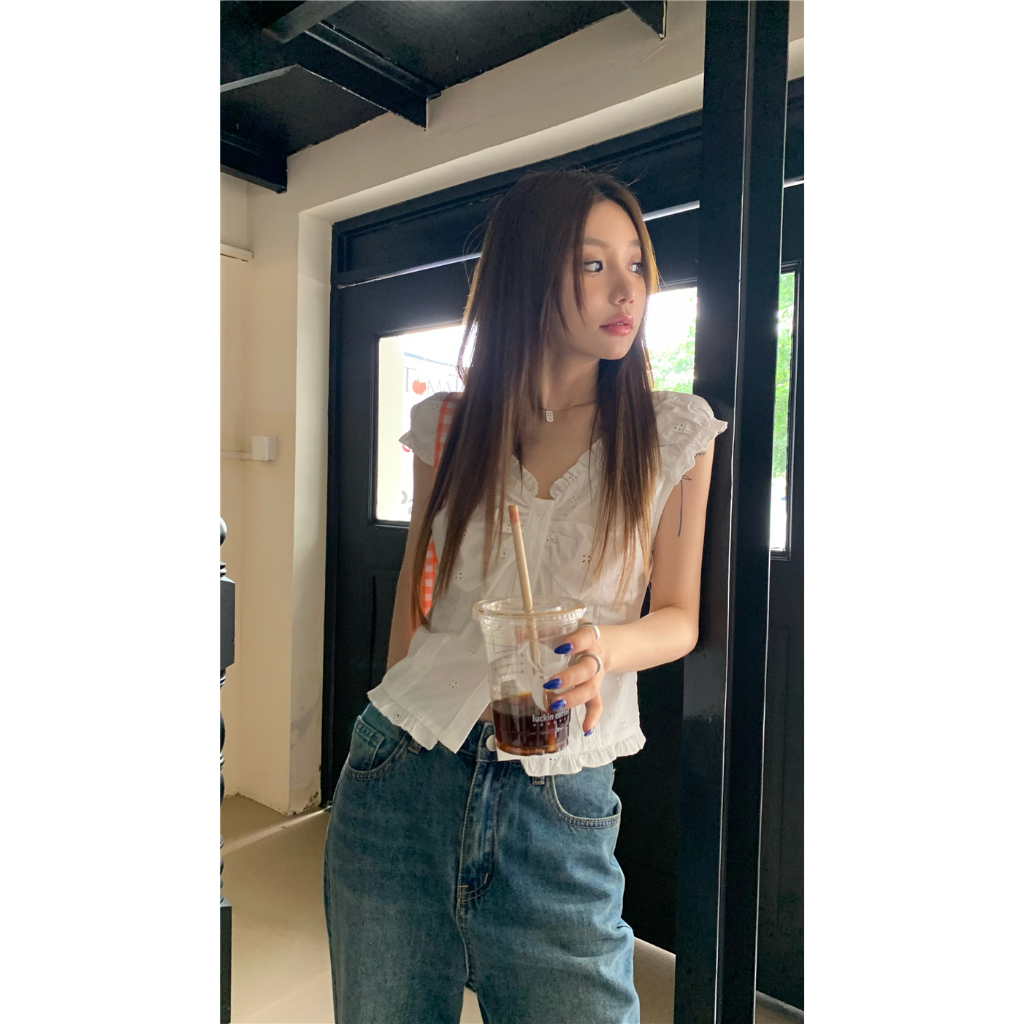 Lalisas Áo Sơ Mi Trắng Ngắn Mỏng Viền Ren Thiết Kế Hình Gia Vị Ngọt Ngào Cho Nữ