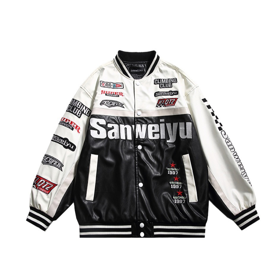 Áo Khoác Bóng Chày Nhập khẩu Trung Quốc Hồng Kông Trung Quốc Retro Cho Nam Nữ Đua xe Đen trắng Quần áo da Motorcycle jacket Vintage ins