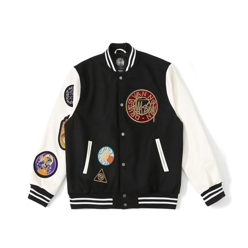 Áo Khoác Bóng chày Nhập khẩu Hoa Kỳ Bomber Jacket Màu Đen Thêu Huy Hiệu “Stussy & Dries” Phong Cách Vintage Thời Trang Đường Phố Cho Nam Và Nữ Xe máy Quần áo bông Vintage
