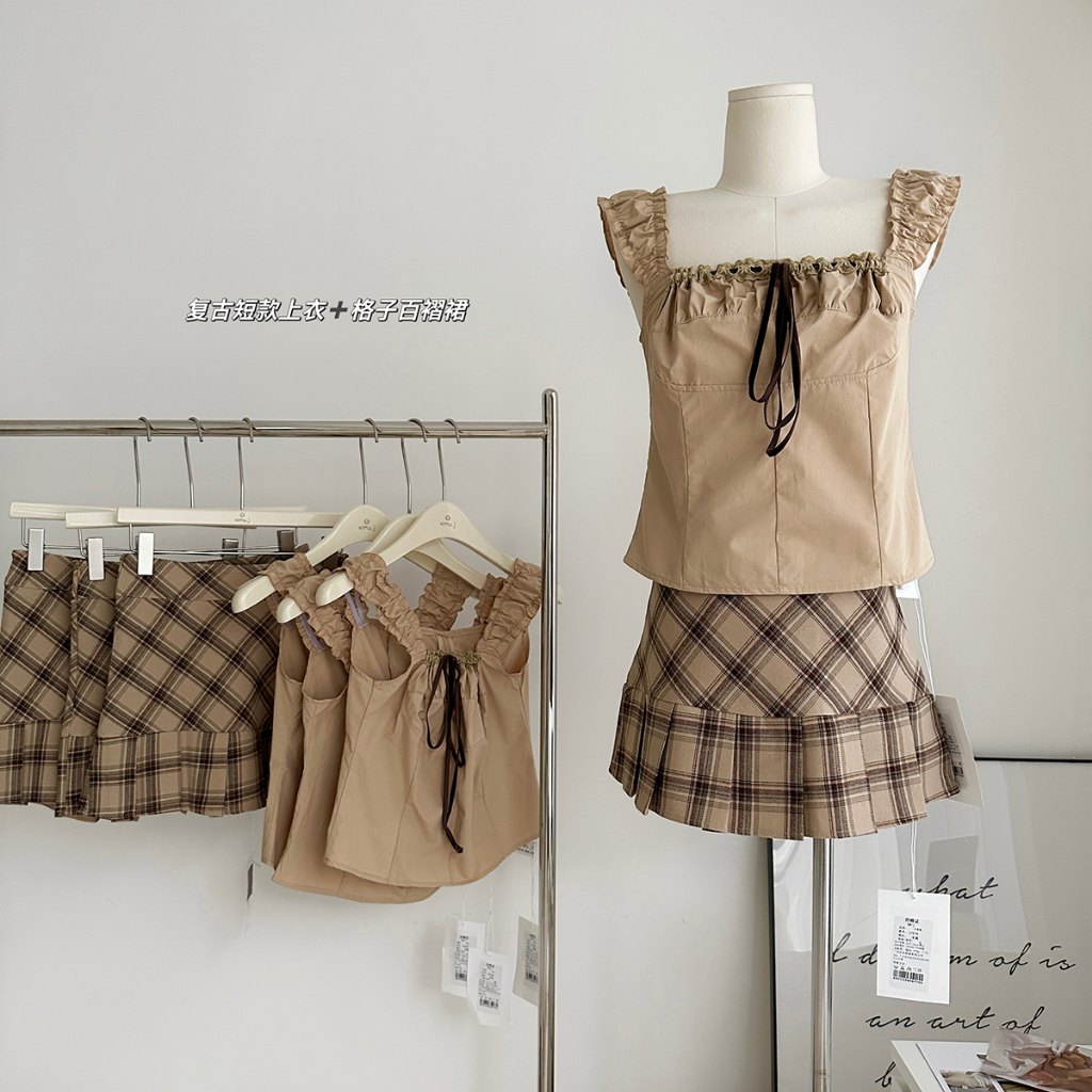 Áo Sơ Mi Nhỏ Trễ Vai + Chân Váy Ngắn Eo Cao Sọc Ca Rô Phong Cách Retro Mỹ