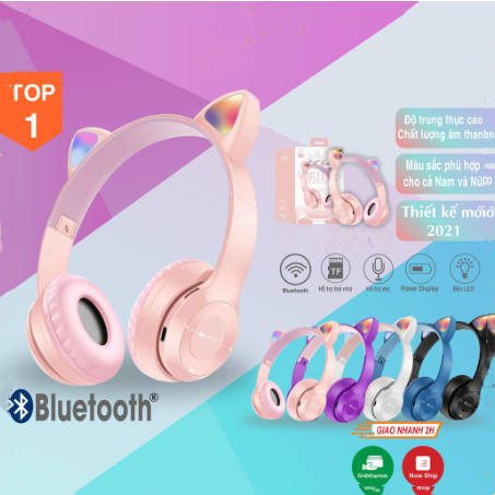 【Ship within 24 hours】Tai Nghe Bluetooth P47M Hình Tai Mèo Dễ Thương Sức Chứa Lớn 400mAh Pin 6 Tháng
