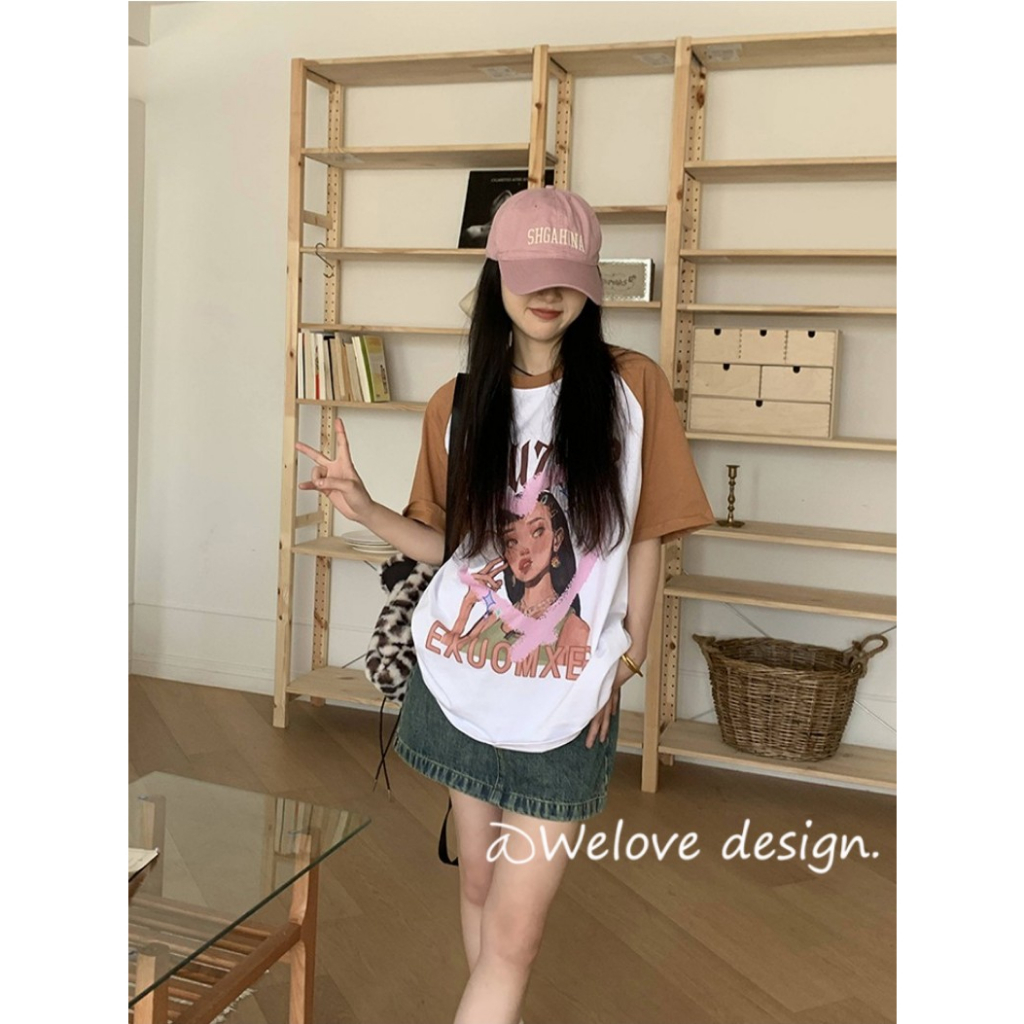 「 WELOVE1 」Áo Thun T-Shirt Cotton Cổ Tròn Tay Ngắn In Hình Màu Sắc Tương Phản Dành Cho Nữ